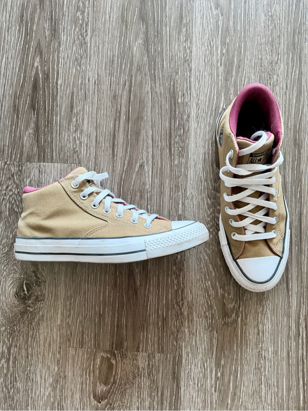 Converse Women’s High-Top Canvas Sneakers in Tan with Pink Lining